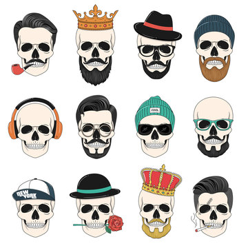 Set of hipster skulls with hair, crowns, hats, headphones, etc