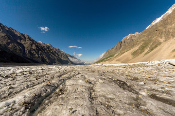 Beautiful view of the Bezengi glacier and the Bezengi wall in the Central Caucasus, Russia.