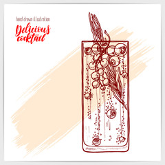 Sketched card with tasty fresh cocktail with berries and rosemary. Hand drawn illustration with hand lettering headline.