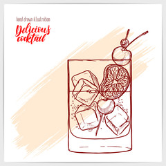 Sketched card with tasty fresh Old Fashioned cocktail with lime and cherry. Hand drawn illustration with hand lettering headline.