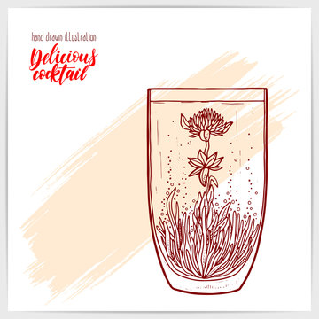 Fototapeta Sketched card with beautiful green tea with flower blossom inside. Hand drawn illustration with hand lettering headline.