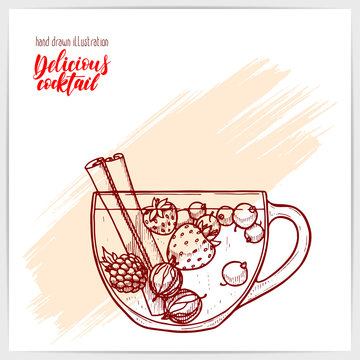 Fototapeta Sketched card with hot tea with berries and cinnamon. Hand drawn illustration with hand lettering headline.
