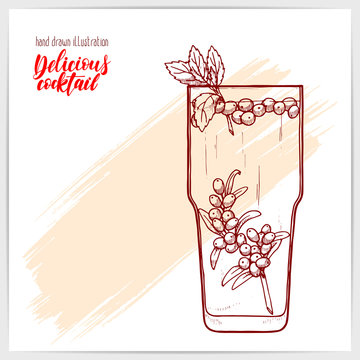 Fototapeta Sketched card with hot tea with mint and buckthorn. Hand drawn illustration with hand lettering headline.