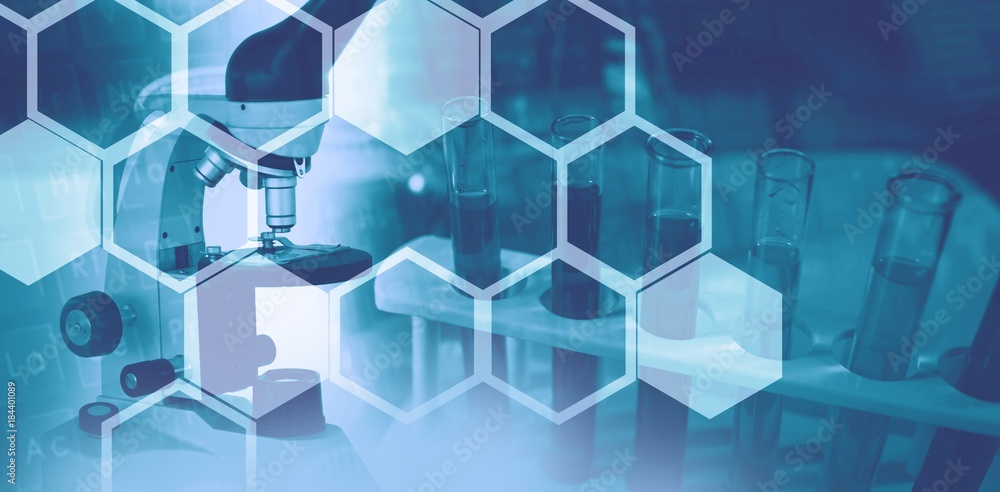Poster background with microscope in laboratory