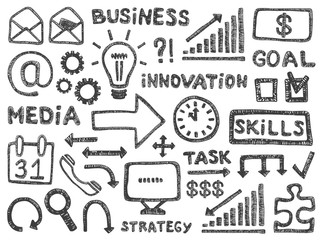 Business doodle pencil signs set management office work