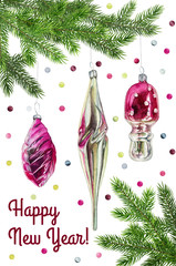 Watercolor illustration vintage glass Christmas  decorations, confetti, fir branches. Нand-drawn Xmas or New Year card