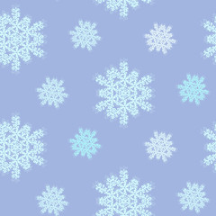 Seamless pattern with light blue symmetrical snowflakes on pale winter background. Cute winter texture for new year or christmas holiday textile, wrapping paper, wallpaper, background, cover, package