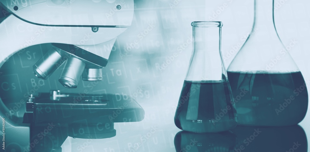 Poster background with microscope in laboratory