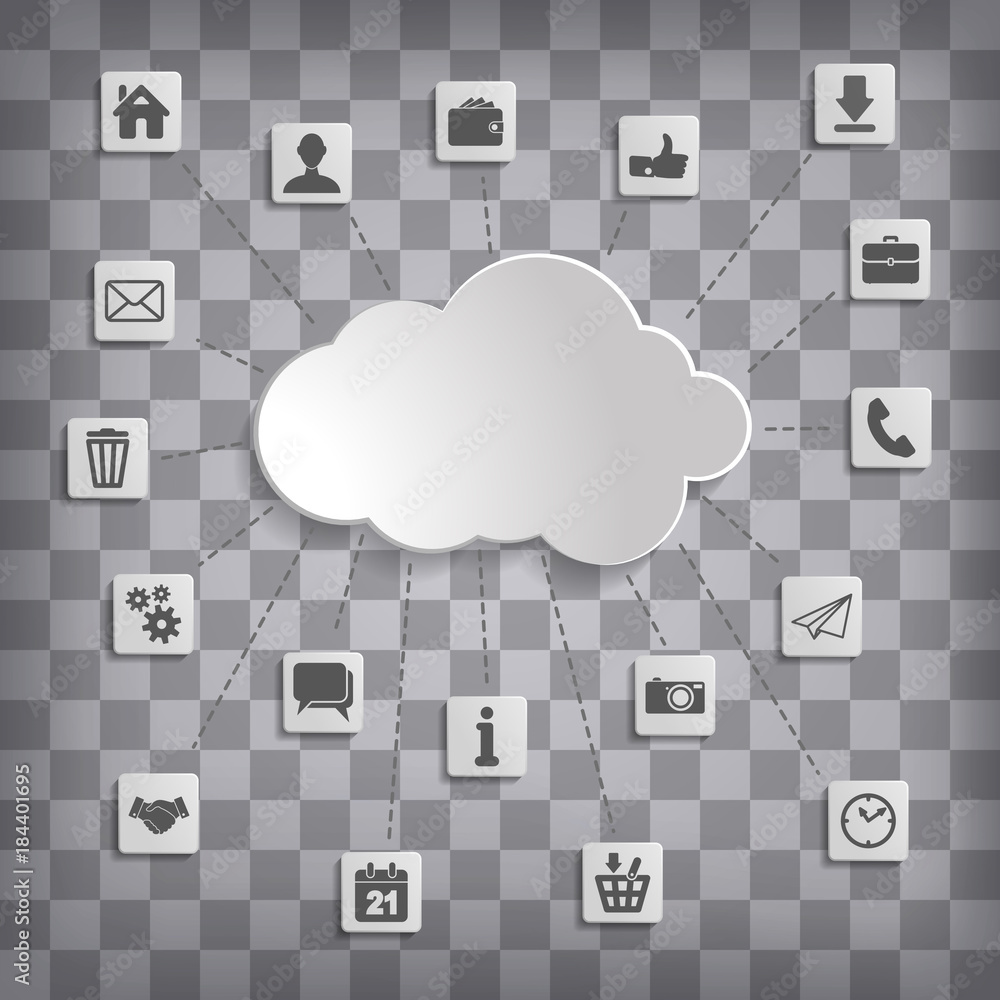 Poster abstract cloud computing with social media icons on a chequered