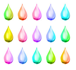 Colorful drops of various shapes close-up isolated on white background