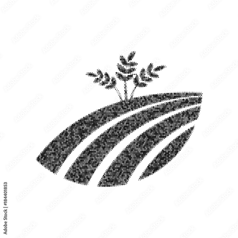 Poster wheat field sign. vector. black icon from many ovelapping circles with random opacity on white backg