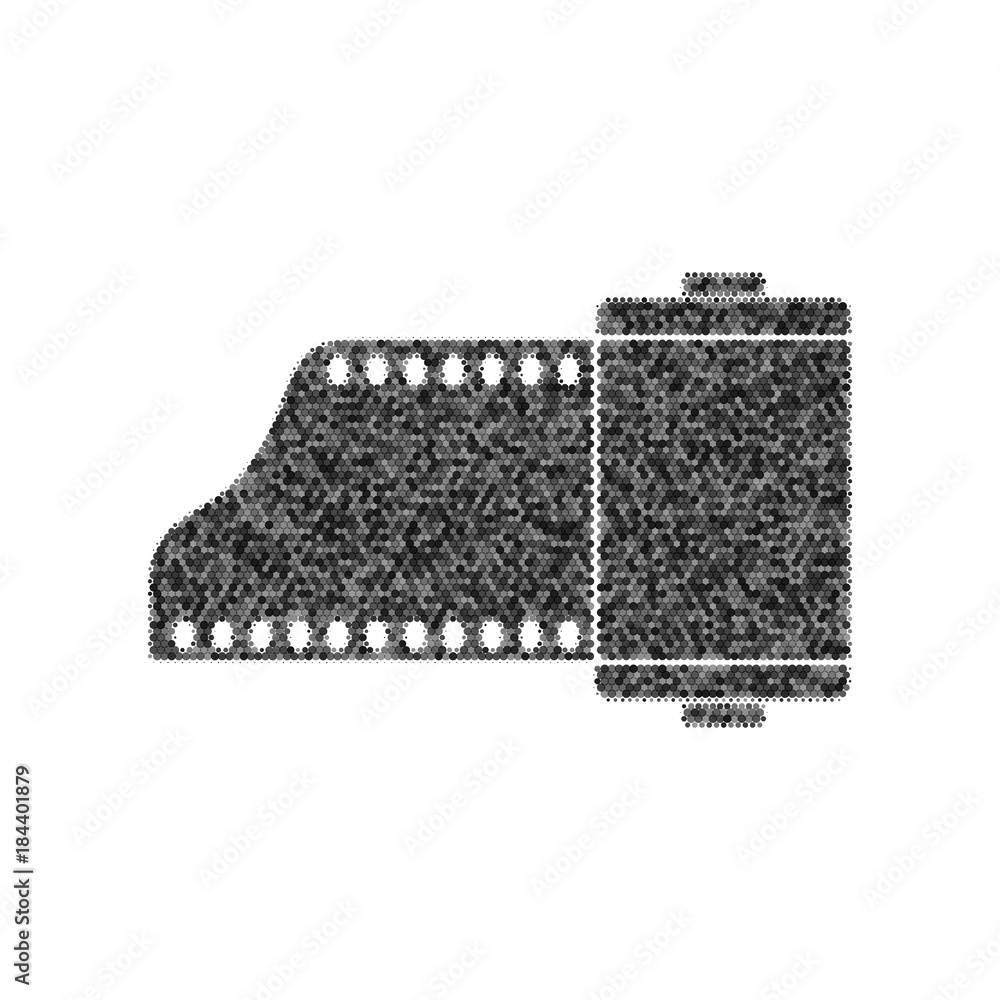 Poster old photo camera casset sign. vector. black icon from many ovelapping circles with random opacity on