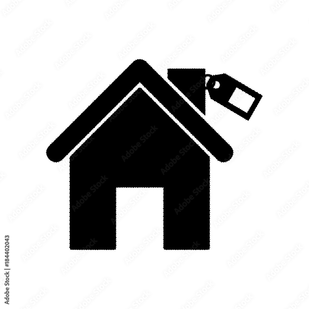 Poster home silhouette with tag. vector. black icon from many ovelapping circles with random opacity on whi
