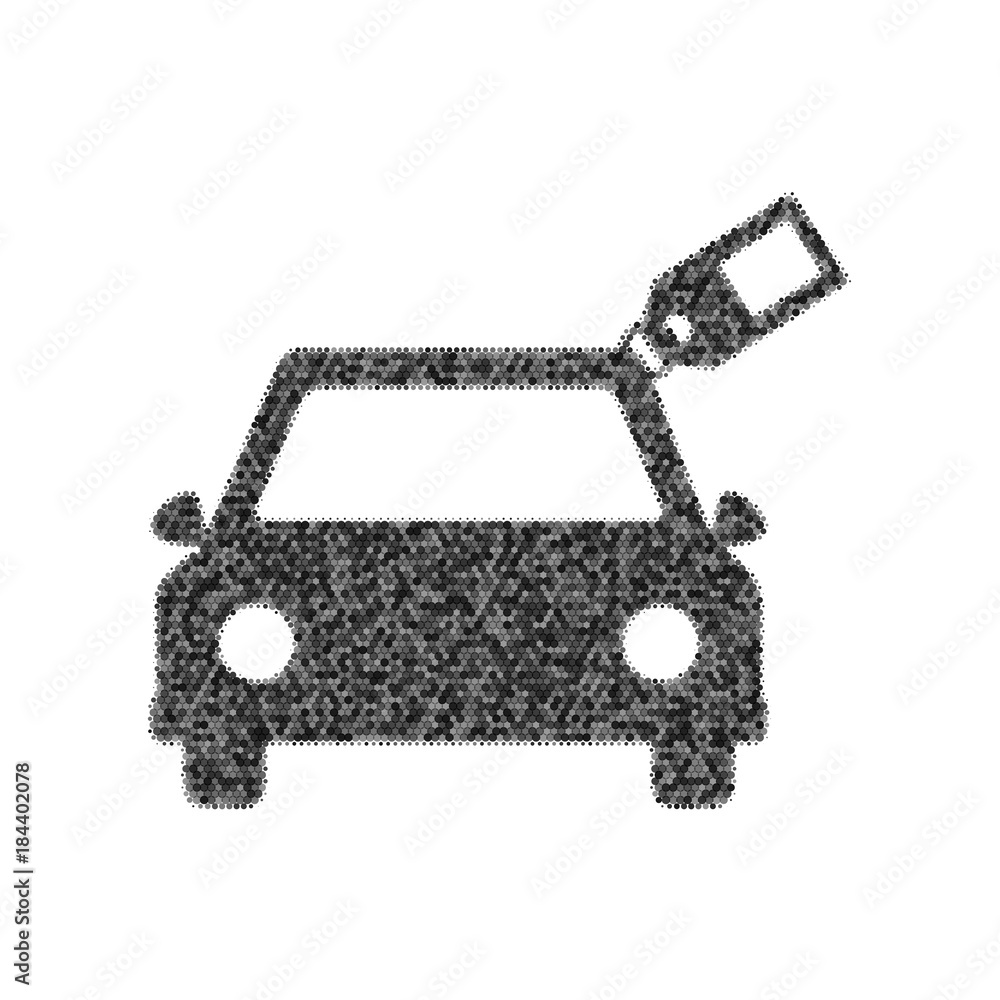 Poster car sign with tag. vector. black icon from many ovelapping circles with random opacity on white back