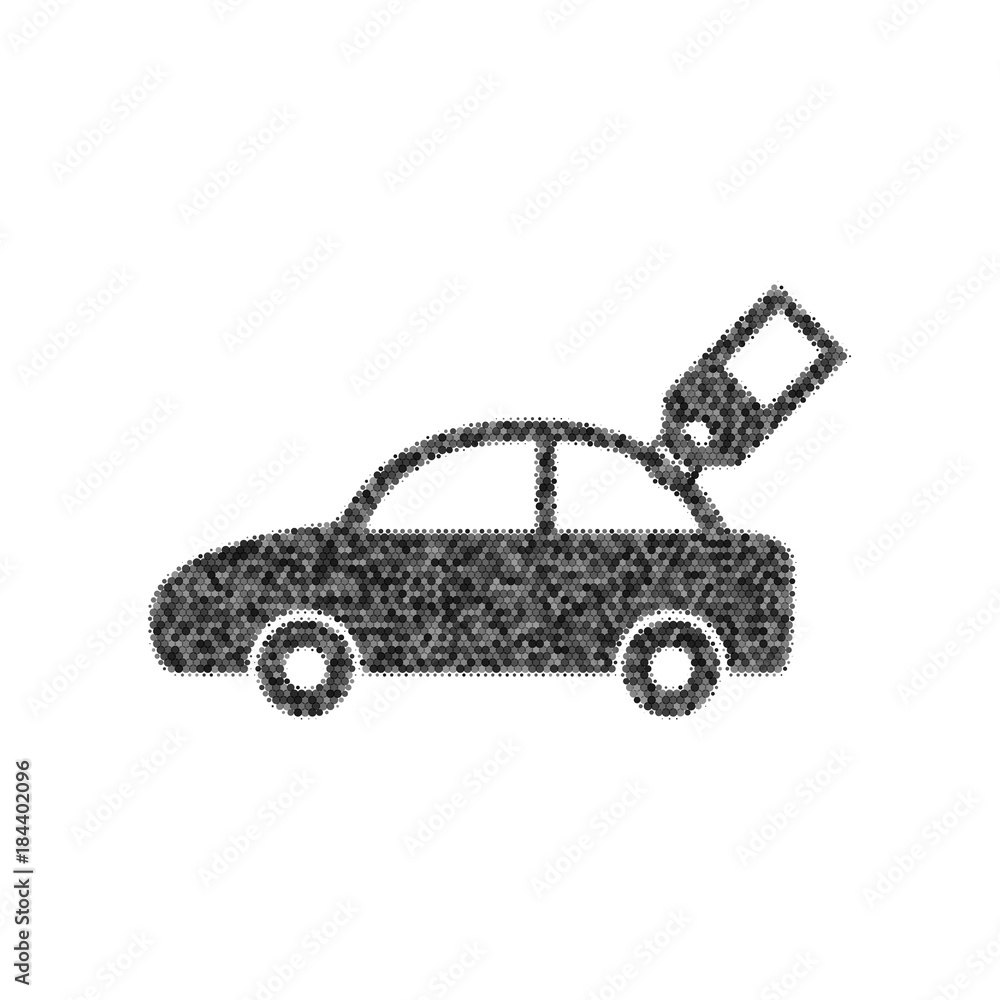 Poster car sign with tag. vector. black icon from many ovelapping circles with random opacity on white back