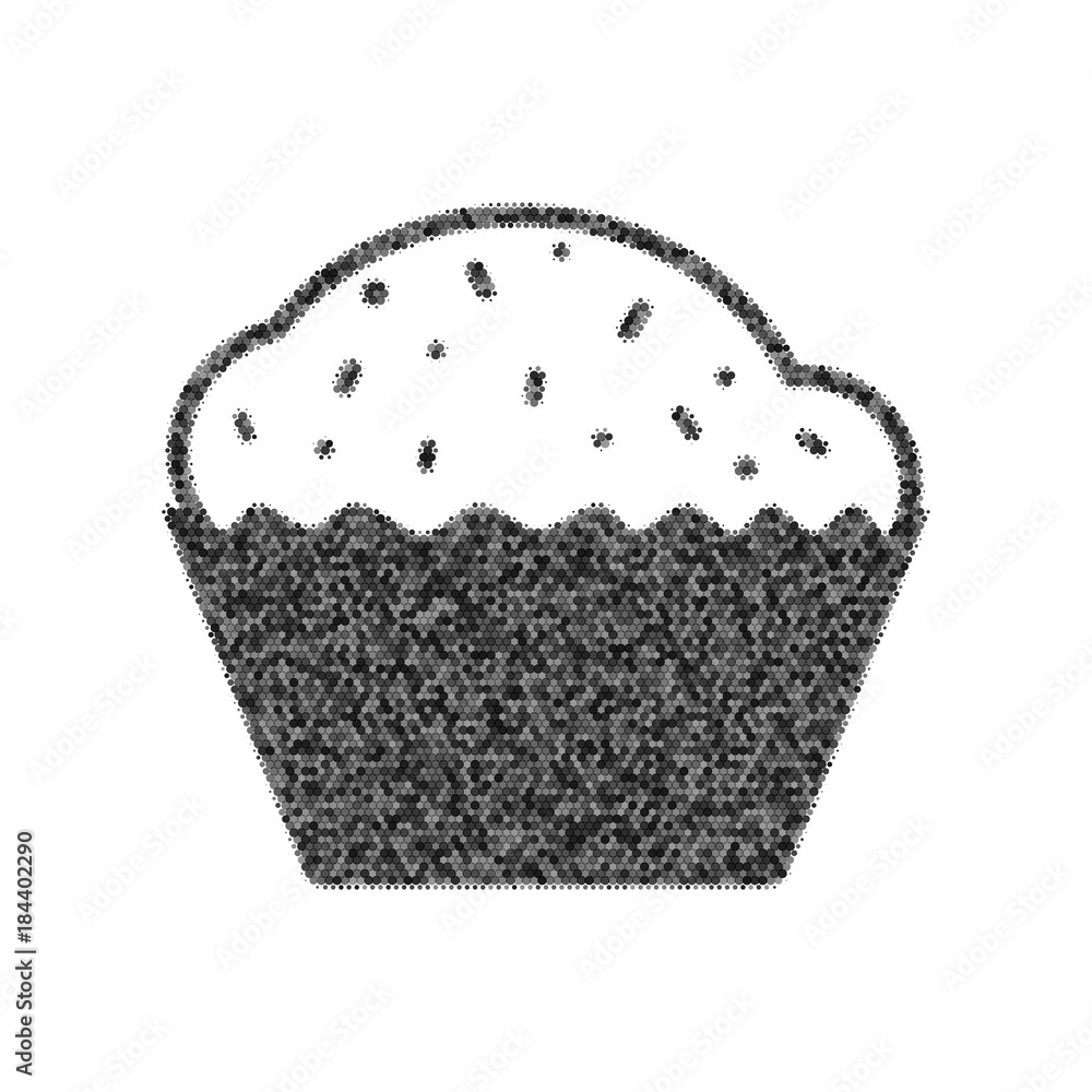 Poster cupcake sign. vector. black icon from many ovelapping circles with random opacity on white backgroun