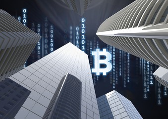 Fototapeta na wymiar Bitcoin icon and binary code lines in sky above 3D city