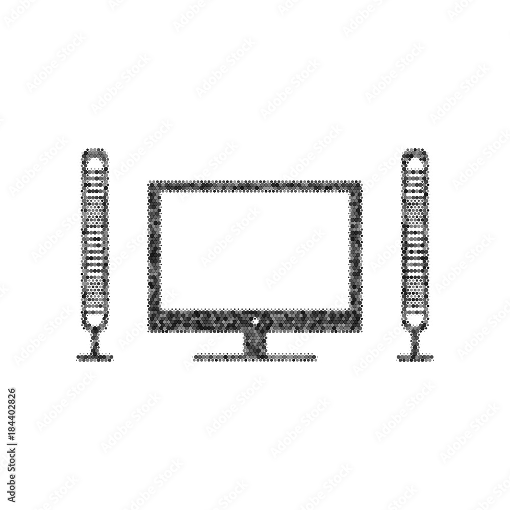 Poster home theater sign. vector. black icon from many ovelapping circles with random opacity on white back