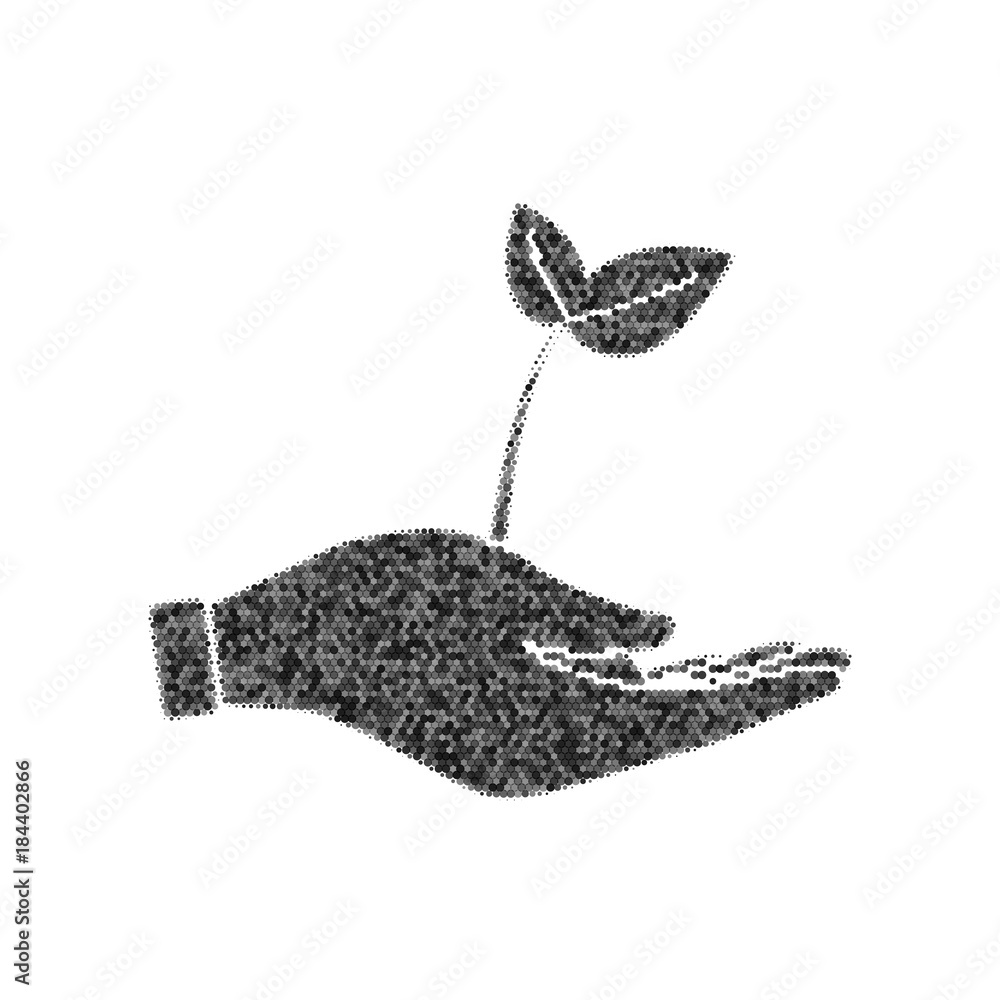 Aufkleber sprout in a hand sign of environmental protection. vector. black icon from many ovelapping circles w