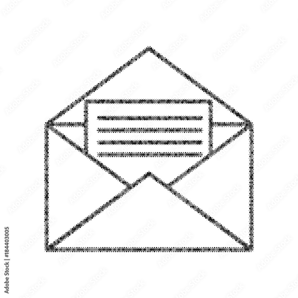 Aufkleber letter in an envelope sign illustration. vector. black icon from many ovelapping circles with random