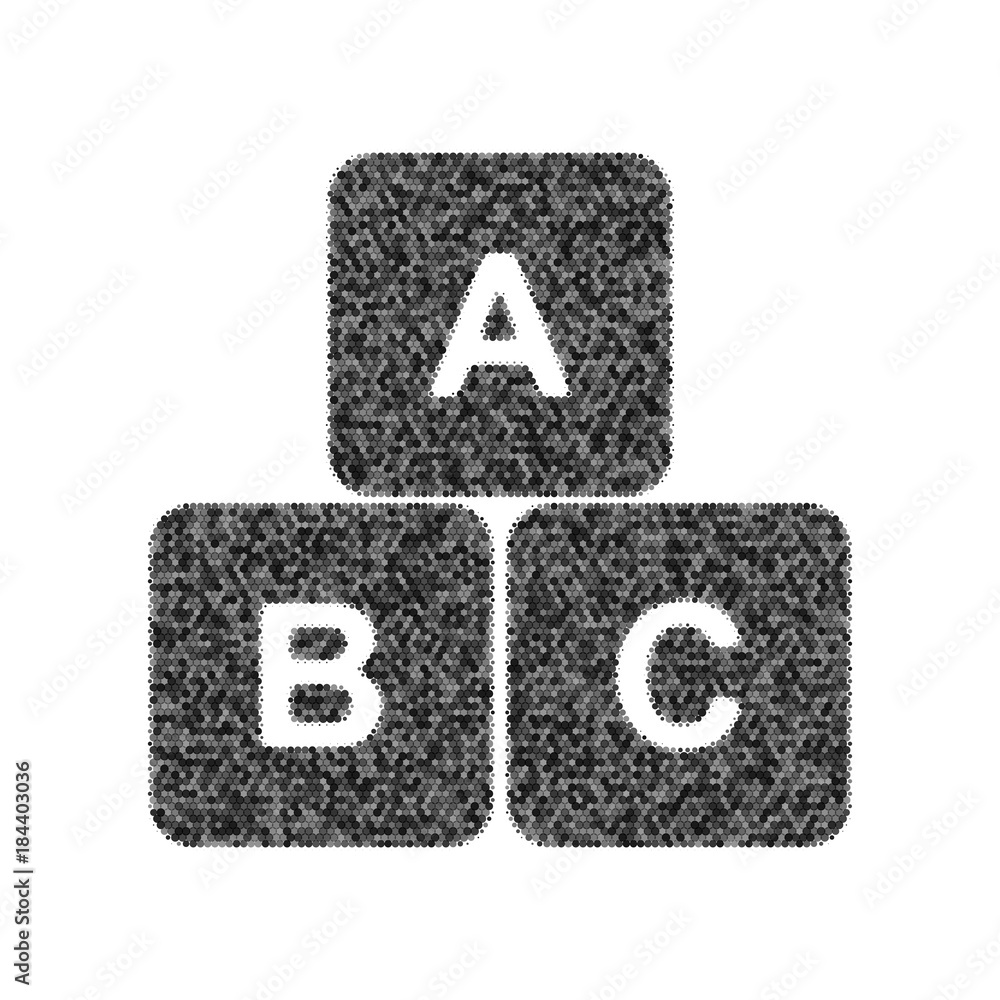 Poster ABC cube sign illustration. Vector. Black icon from many ovelapping circles with random opacity on white background. Noisy. Isolated.
