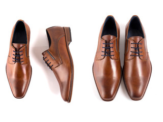 Male brown leather elegant shoe on white background, isolated product, footwear.