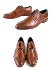 Male brown leather elegant shoe on white background, isolated product, footwear.