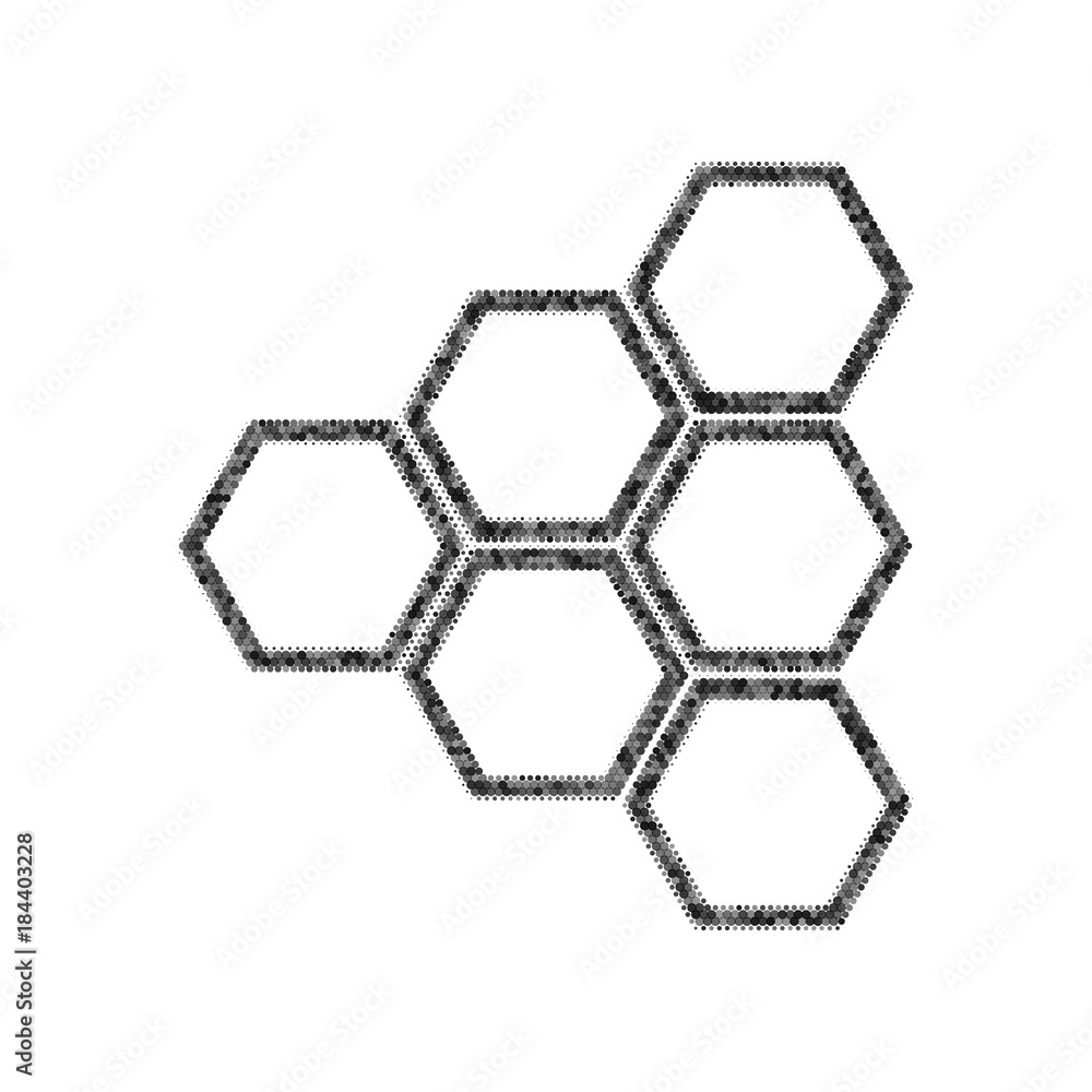 Poster honeycomb sign. vector. black icon from many ovelapping circles with random opacity on white backgro