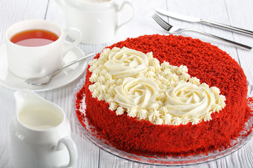 red velvet cake and cup of tea