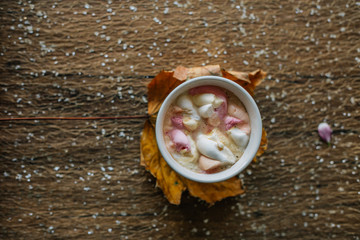 Coffee with marshmallow in a light blue cup