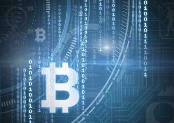 Bitcoin icons and binary code graphic lines