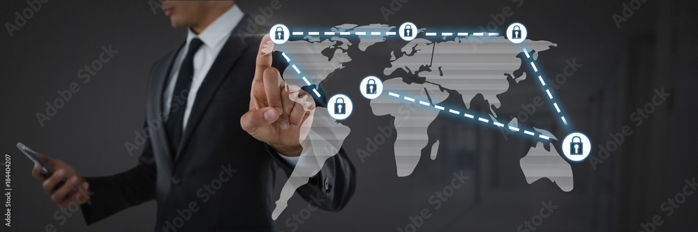 Poster businessman touching security lock icons connecting on map