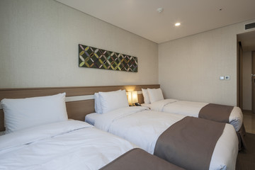 hotel room interior with bed in seoul, korea.