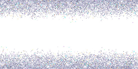 Silver glitter with colored highlights on white background, wide border. Vector