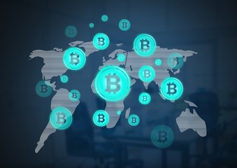 bitcoin graphic icons on world map