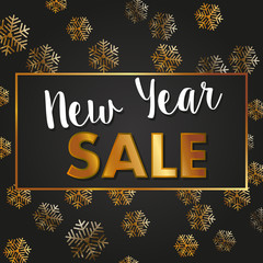 New year sale banner with golden snowflakes