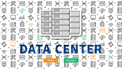 Data (server) centre website page vector illustration. Data center (network equipment, hosting storage, server technology) line art pattern creative concept. Data center template graphic design. - obrazy, fototapety, plakaty