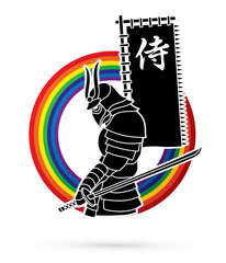 Samurai standing with sword and flag  samurai Japanese text designed on line rainbows graphic vector.