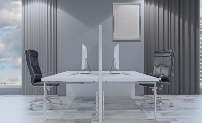Conference room with wooden table. 3D rendering. Empty picture