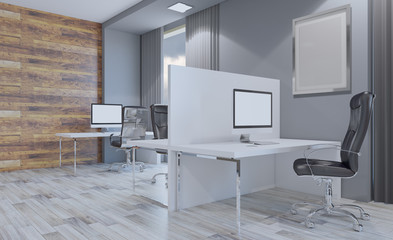 Open space office interior with like conference room. Mockup. 3D rendering. Empty picture