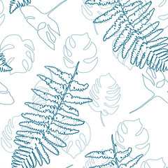 Vector botanical seamless pattern with  hand drawn palm monstera and fern leaves.