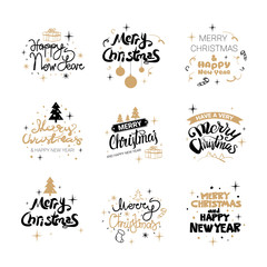 Set Of Glittering Calligraphic Lettering Icons Merry Christmas ANd Happy New Year Signs Isolated On White Background Vector Illustraion