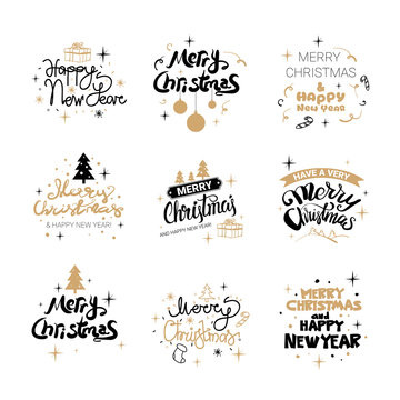 Set Of Glittering Calligraphic Lettering Icons Merry Christmas ANd Happy New Year Signs Isolated On White Background Vector Illustraion