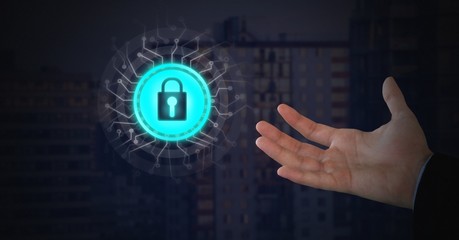 Businessman with hand palm open and security lock icon