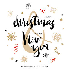 Merry Christmas. Holiday greeting card with calligraphy. Hand drawn design elements. Handwritten modern lettering.
