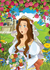 Obraz na płótnie Canvas cartoon fairy tale scene with beautiful princess in the field full of flowers near big castle illustration for children