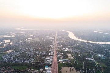 Fototapeta na wymiar Intersection traffic road aerial view in morning
