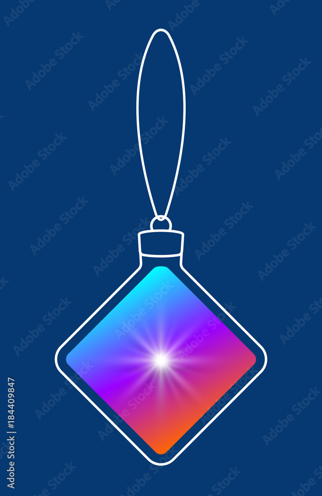Poster Vector hanging abstract colorful Christmas ball on a string consisting of multicolored gradient & snowflake, star on blue background
