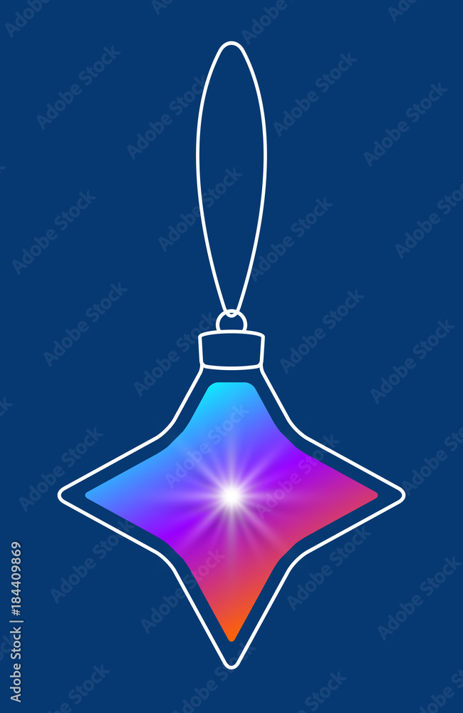 Poster Vector hanging abstract colorful Christmas ball on a string consisting of multicolored gradient & snowflake, star on blue background
