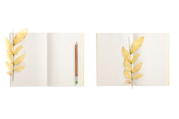 set of paper note book with fall leaf isolated on the white background.